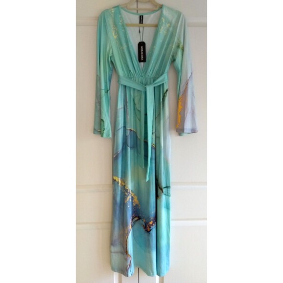 NORACORA Maxi Dress Aqua Landscape Boho Tie Belt Deep‎ V-Neck Bell Sleeve NWT - Picture 1 of 16